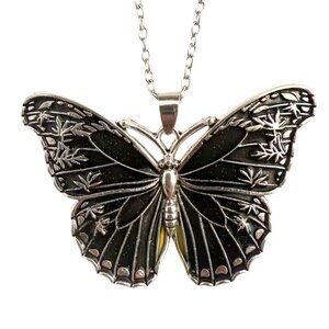 Necklace Black Butterfly Oil Drop Enamel Black Sparkle Antique Silvery Finish